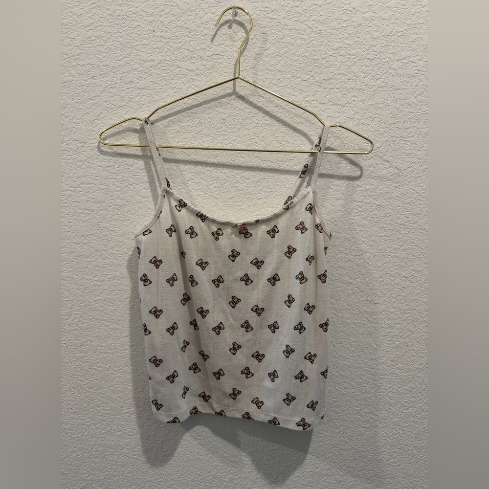 Forever 21 teddy bear pointelle white brown cami crop tank top pj floral rose